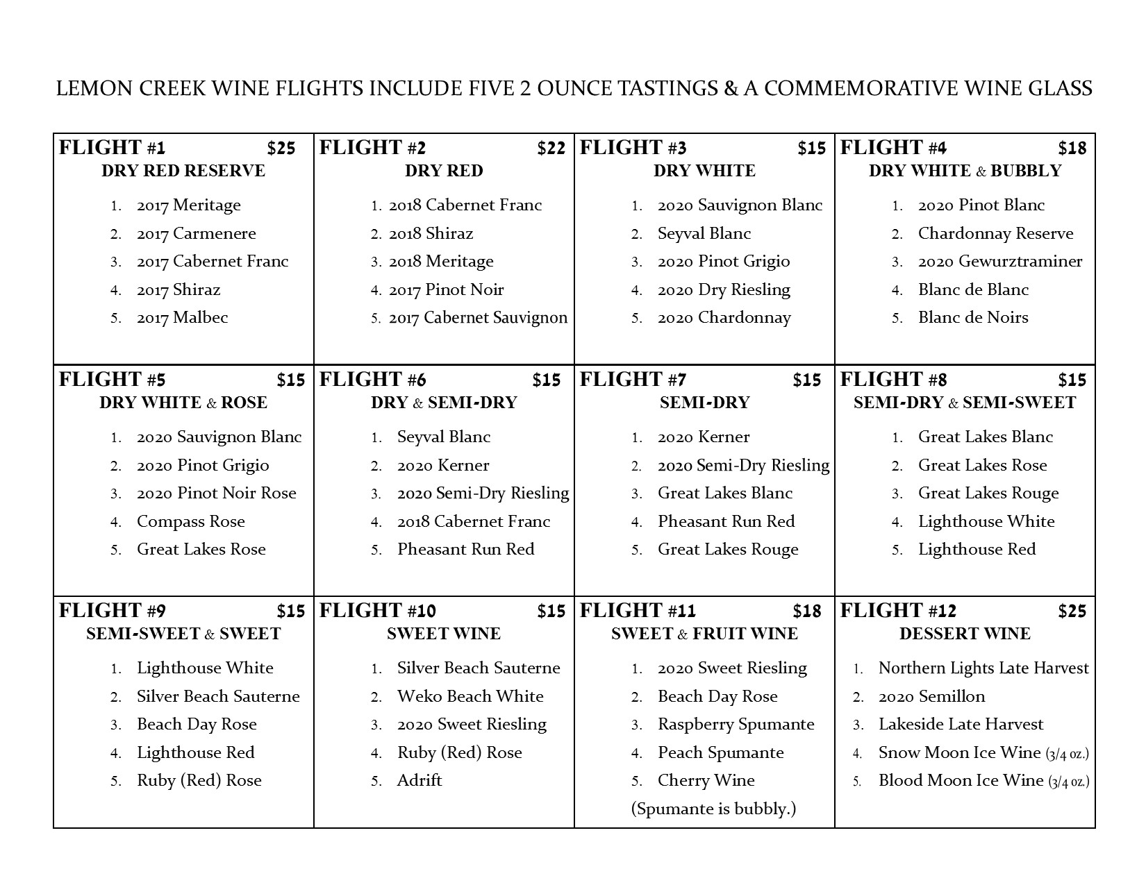 wine flight menu may 2022 Lemon Creek Winery